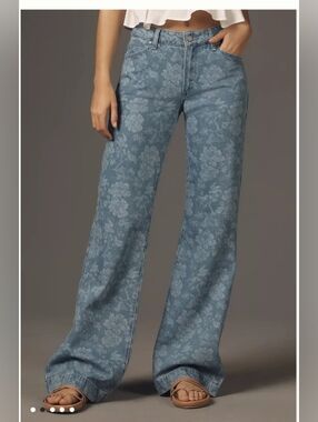 PAIGE Blue Floral Jacquard Jeans • Sonja Low‑Rise Wide‑Leg • Size 32
